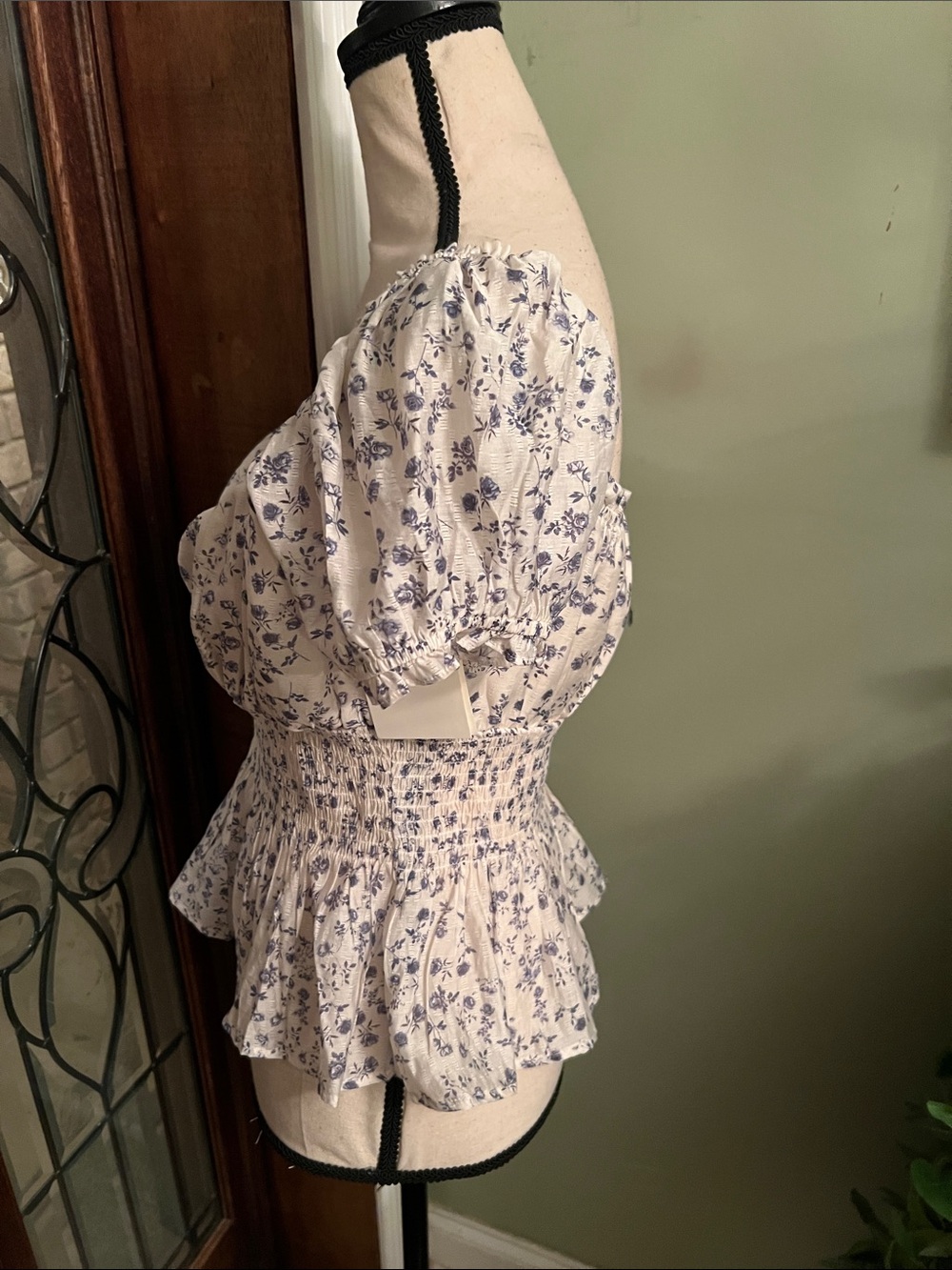 Smocked Peplum Floral Top in White and Blue - Picture 3 of 8